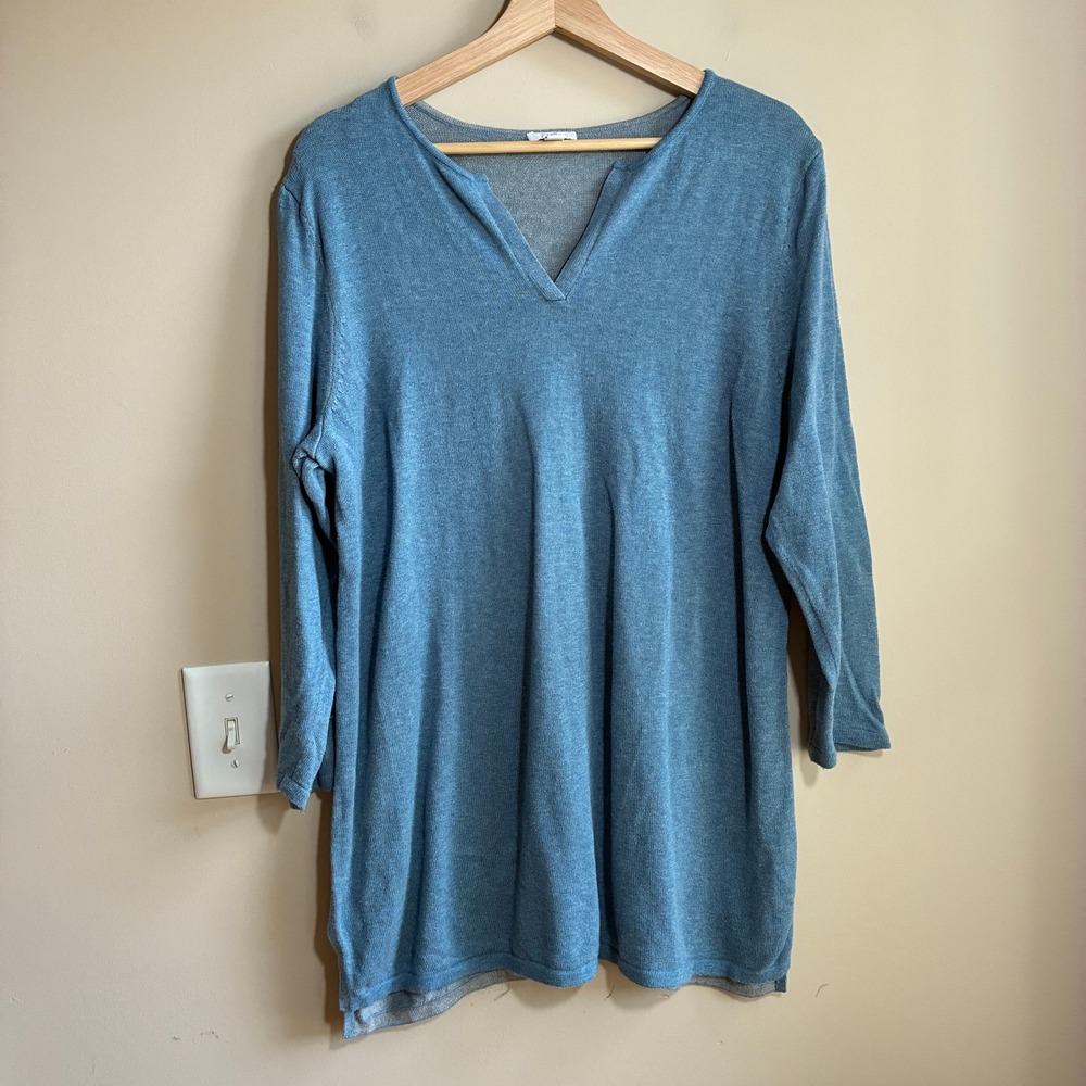J. Jill Notched Neck Tunic Sweater Large Blue Womens Cotton Blend Knit